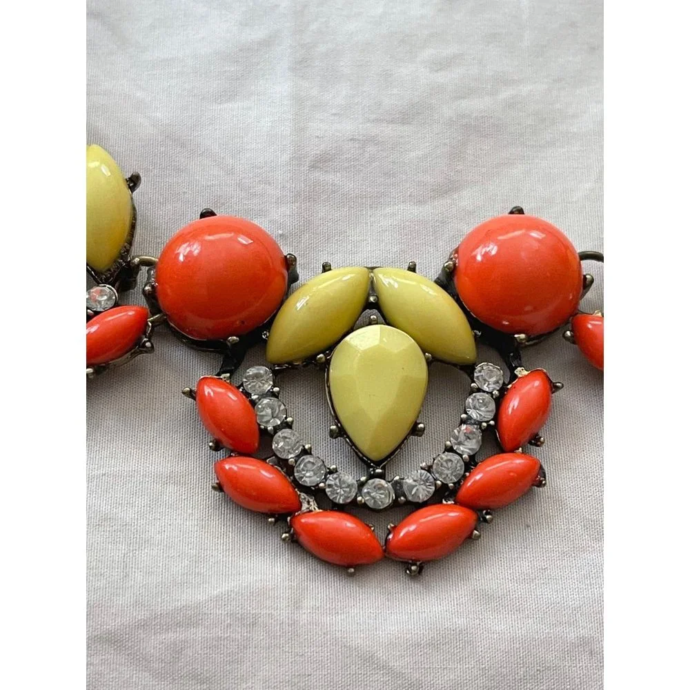 Vintage Coral / Pale Yellow Faux Gem and Rhinestone Bling Statement Necklace - Picture 6 of 12